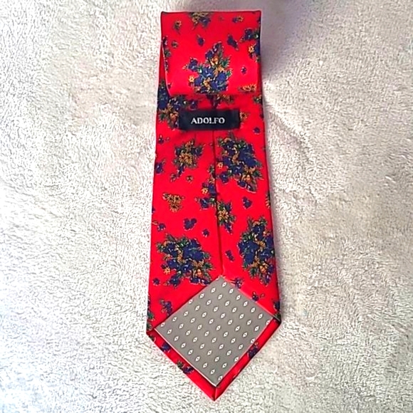 Vintage Adolfo 100% Silk Handsewn Men's Necktie Red Floral Print Repp Tie Luxury - Picture 11 of 14